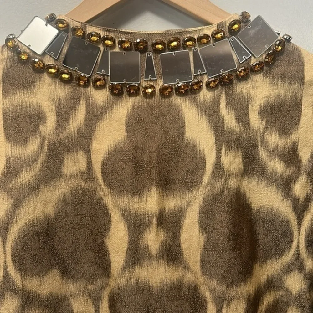 TORY BURCH Silk Blend Jewel Mirror Beaded Tunic Blouse -‎ Amber Brown - Size 2